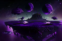 Floating Islands, Dark Purple and Black Night Sky, Stars, Space, Distant Alien Planets, Numerious Islands, Dead Grass,