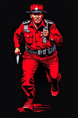 Cuban soldier(uniform and face based on racist steriotypes) running towards viewer, a knife i one hand, and a gun(barrel pointing at viewer) in the other. blocky retro 1960's poster monochrome with white background