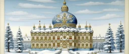 A white cloudy sky with a puffy palace painted by Peter Carl Faberge
