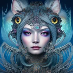 "Insanely detailed photograph of an elaborate beautiful cat goddess intricate glowing skin eyes intricate face hair lashes fur dress hyperdetailed painting by Anna Dittmann Huang Guangjian and Dan Witz CGSociety ZBrush Central fantasy art album cover art 4K 64 megapixels 8K resolution HDR Greek shiny space colours jewelry celestial hair eyes light"