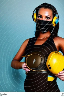 Realistic photograph. Geometric 3D tiling on the background. Lightly armored, electronic circuit. Cyber-punk full-mask. woman full-covered face mask. Bronze color Yellow Black Cyan. AKG headphones, golden rings & disc. Selfie both hands. Thick tights. Thick calves. Curved fell. Wide hip. Flat belly. Ancient artifact cables between. Perfect, Tron Movie. Lay figure. Haute Couture 1990's. Light from right