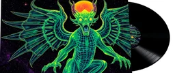 Ming Winged Dingus in the style of Giger and Escher in Transparent Psychedelic Fluorescent Colors looking like a Record Cover