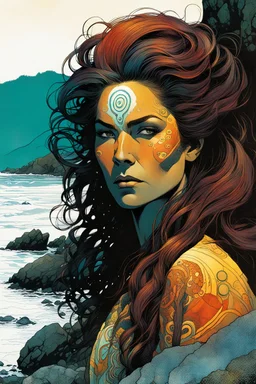 create a wildly conceptual closeup full body print illustration of a female Salish shaman with highly detailed hair and feminine facial features, along the rocky shore of Vancouver Island , in the comic book art style of Bill Sienkiewicz, Mike Mignola, Sparth, Maxfield Parrish, and Jean Giraud Moebius, finely textured, drawn, colored, and inked, suffused with dramatic natural light