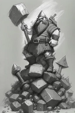 A fantasy sketch of a dwarf with a hammer and shield standing on top of a pile of bodies