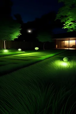 Beautiful garden, very short grass, at night