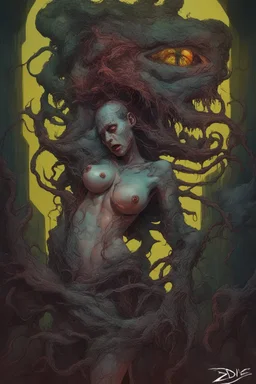 sex, job and madness. intens horror style. Color. no text. closed mouth. concept art, intricately detailed, color depth, dramatic, side light, colorful background. Painted by Dariusz Zawadzki