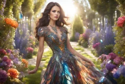 brunette woman in coloured glass dress set with gemstones, glittering metal stems and gemstone leaves in a flowergarden sharp focus elegant extremely detailed intricate very attractive beautiful dynamic lighting fantastic view crisp quality exquisite detail in the sunshine gems and jewels