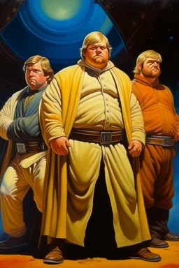 1970's dark fantasy cover dnd style oil painting of a fat obese luke skywalker and obi-wan kenobi and han solo wearing sport outfits with minimalist far perspective