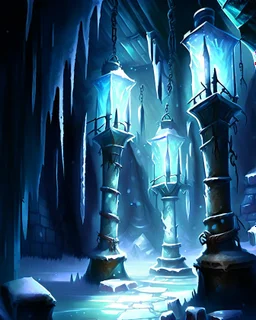 ice dungeon chamber with lamp posts fantasy rpg art painterly