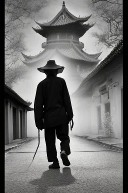 Black & white man walks on road's chinese village with playing light and shadow as ho fan style