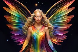 forme géométrique, geométie sacrée, cristallo arcobaleno, aurore boreale, belle fée souriante, grandes ailes transparentes