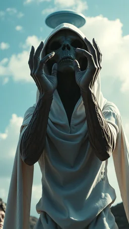 The creature from the the movie Prometheus with white hooded clothes raises hands up and looking at distant ufo in the sky front view