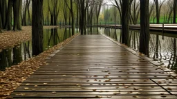 An outdoor medium shot view of a wooden walkway. The wooden planks are engraved to show the reflection of many trees with dead leaves and water in a green pond, but have some small brown and gray pebbles on the surface. A dark, dreary lake is beyond the walkway, creating an angle for the large tree trunk to the right. Many bare branches are hanging down from top to bottom of the tree. In the distance multiple sinister rays can be seen near an entrance to a house. Green grass borders the garden a