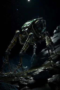 eight legged mechanical walker scaling a very steep rocky side of mout everest at night, it has a smooth surface, it has storage pods on its belly human can fit in the pods