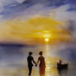 Aquarelle sublime d'un couple main dans la main regardant la mer et le coucher de soleil, très stylisé, moderne, pose parfaite, angle parfait, reflets merveilleux, très détaillé, très agréable, magnifique, Joseph Mallord William Turner
