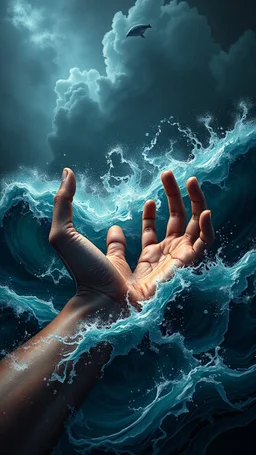 Bosch painting style nightmare , 3D , a fest hands out of a storm in the ocean waves Quality picture , 8k