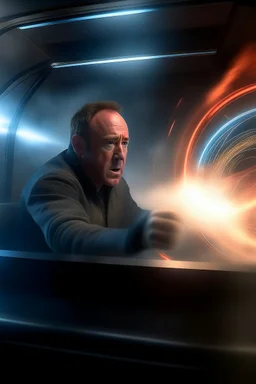 alex jones experiencing mach 5 in small space pod going through future portal, motion blur, smoke, 8k, downlight, soft light, depth of field, photorealism, trending on art station, lotsa detail