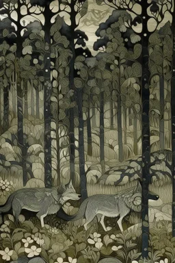 A gray shadowy woodland with smoky wolves designed in medieval tapestry painted by Gustav Klimt