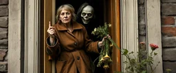 close up portrait painted by Rembrandt, Maya is standing in the doorway with one hand still on the handle. She looks surprised, but not frightened. The zombie is wearing an old brown coat with patches on the elbows. His shoes don't match. What's surprising is that he's carrying a bunch of wildflowers. One of them has slipped from his hand and landed upside down on the porch. The rain is falling everywhere except on the flowers. That's a little strange. The story doesn't mention it.
