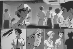 black and white story board, Cut back to the chefs, all of whom roll one sly look at the boy and the girl they switch to the establishment. The shot is through the boy and the girl in the foreground seeing only each other their bodies and between them (if the girl is on the left a the boy on the right and they go right in frame) in the middle we see gives from the cooks, and the third behind the girl (left of frame), scattered throughout the kitchen must have been thrown at them look.