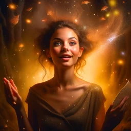 book cover illustration, portrait of brown hippie pixie hovering in the underground grove sparkling light confetti, in the style of dali, 8k, down-light, soft light, depth of field, photo realism, trending on art station, high detail, smoke and fog