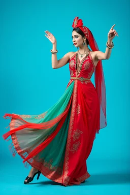 lady in azeri dance custum change clothing color to cyan and red fullbody shot