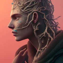 A face tattoo of tree branches that extend past face and turn to reality, 8k resolution, high-quality, fine-detail, intricate, digital art, detailed matte, volumetric lighting, illustration, octane render