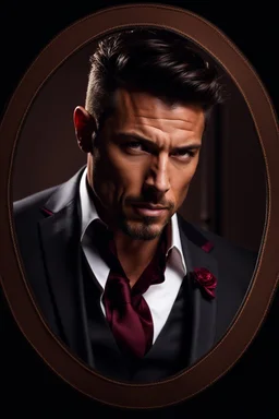 portrait of a 35 year old Handsome, rugged and muscular male leader with lightly tanned skin and tattoos. Dark hair cut short and a goatee beard. wearing a three piece suit. photorealistic