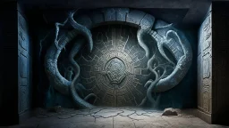 photorealistic strange paleozoic hydra 3-foot "dimensional portal made of subatomic particles" in a gigantic Neanderthal jeweled palace hyeroglyphs on the walls, thunderbolt storm