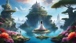 (high quality:1.4), (best quality:1.4), (masterpiece:1.4), official art, official wallpaper, surreal, beautifulgoddess, (1woman:1.1), (long wavy hair:1.1), (flower crown:1.1), (mystical creatures:1.1), (floating islands:1.1), (detailed landscape:1.1), (magic in the air:1.1), (stardust:1.1), night sky, (whimsical atmosphere:1.1), (dreamlike world:1.1), (bubbles:1.1), flying books, (luna moths:1.1), (moonlight:1.1), enchanted forest, (wisdom:1.1), (powerful energy:1.1), (guardian angels:1.1)