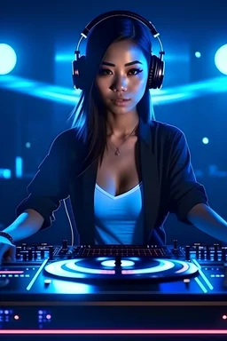 beautiful japanese girl, wearing earphone, playing turntables, happy, enjoy, party, disco light and laser background, full body, ultra realistic photograph, high detailed, 8K resolution, cinematic lighting,