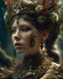 Beautiful young Queen baroque style moss covered dusty rusty florql metallic filigree headdress woman portrait wearing moss covered metqllic filigree decadent dlowers dust and rust covered bqroque organic bio spinql ribbed detail of bokeh extremely detailed surrealistic maximqist concept close up portrait qrt