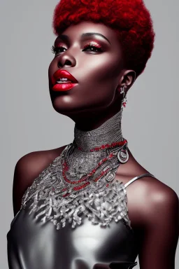 Portrait of a black woman wearing stylish red and silver dress.