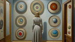 Woman in front of a wall with several circular holes of different sizes, painting by René Magritte, surrealism by Francis Bacon, Greg Rutkowski and Mark Rothko. Painting by Lucian Freud. photorealistic with a palette of a mixed media, very brutal, surreal, symmetrical