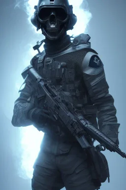 All black British soldier, high tech skull special forces helmet, shiny platinum helmet, white smoke, dark, rage, sorrow, high definition, ultra 8 k, volumetric lighting, blue fire, fog