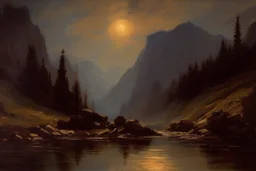 mistery night, mountains, rocks, river, epic, gothic and dark, wilfrid de glehn, friedrich eckenfelder, and anna boch impressionism paintings