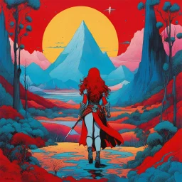 (Art by Brion Gysin) envision Red Sonja with a surreal and avant-garde touch. Red Sonja portrayed in a dreamlike landscape, surrounded by kaleidoscopic colors and abstract shapes. Red Sonja in a mesmerizing and unconventional interpretation as experimental and boundary-pushing nature, blending elements of fantasy with a touch of the surreal.