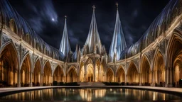 192, delightful, sensitive, confident, undulating sinusoidal cathedral with pointed hyperbolic roofs, delicate, night, darkness, water features, exquisite architecture, innovative design, award-winning photograph, beautiful composition, filled with beautiful detail, delicate colour, chiaroscuro