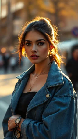 Create an ultra-realistic cinematic 8K fullbody of the person in this photo. Keep the face — same facial features, skin texture, add makeup,pretty short boots. Style: fashion editorial, confident pose. Lighting: warm golden hour sunlight, soft rim light. Background: softly blurred urban bokeh. Camera look: shallow depth of field, film grain, cinematic color grade. Outfit: keep similar to the original or elevate slightly with premium casual style.