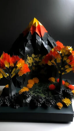 A black mountain with autumn season trees designed in Japanese origami painted by Gustave Courbet