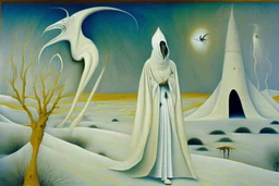 A woman wearing a white turban and long white coat in a surreal landscape by artist "Leonora Carrington" and "Max Ernst"