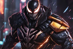 Venom Shredder in 8k solo leveling shadow artstyle, doomfist them, close picture, rain, Shredder helmet, neon lights, intricate details, highly detailed, high details, detailed portrait, masterpiece,ultra detailed, ultra quality