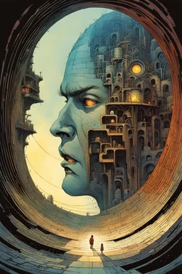 a surreal portrait of the inner workings of a disturbed mind as a ruined, twisted, nightmarish labyrinth , Tracy Adams , Gabriel Pacheco , Douglas Smith , Bill Sienkiewicz, and Jean Giraud Moebius , muted natural color, sharp focus, ethereal and filled with wonder