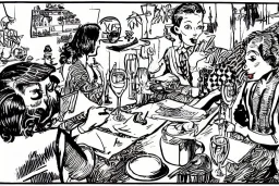 Maximalist chaotic two girl at table on the beach, birds eye view, illustrated by hergé, style of tin tin comics, pen and ink