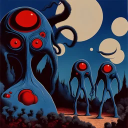 French surrealism animation art from 1970s, illustration of large blue alienoid creatures, mesmerizing, hallucinogenic tones, strange, creepy cutout style of animation of phantamosgoric giant blue alien with red eyes, Czech animation tradition, art by Roland Toper, Dali-esc environment, trance-like, Fantastic Planet aliens