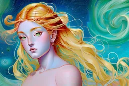 colourful digital painting of beautiful aphrodite, in the style of hokusai and van gogh