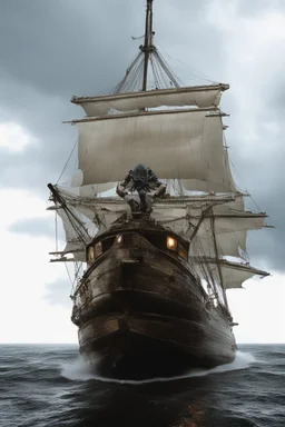 Ship front view with a Spider figurehead at night in a storm with giant waves