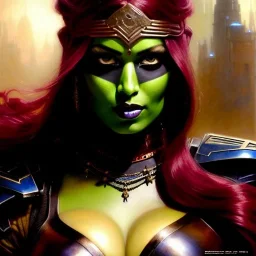 portrait beautiful face Gamora,busty,ancient metal armor balanciaga fashion clothe painting by gaston bussiere, greg rutkowski, yoji shinkawa, yoshitaka amano, tsutomu nihei, donato giancola, tim hildebrandt, oil on canvas, cinematic composition, extreme detail,fit full head inside picture,16k