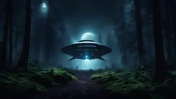 night, dark forest spaceship landing, alien,
