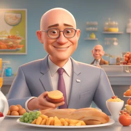 Disney pixar 3D style light skin middle aged man with crew cut hair, a bit bald at the forehead. wearing thin silver round glasses and suit in front of food background smiling